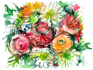 bouquet of flowers with chamomile/ buttercup/ rose/ watercolor painting
