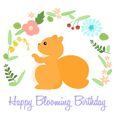 cute happy blooming birthday card with squirrel vector