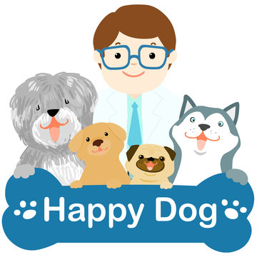 happy veterinarian and dogs on white background vector