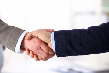 Business people handshake, sitting at the table