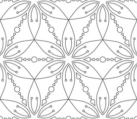 Rich decorated calligraphic outlined stroke monochrome seamless pattern. Vector ornate floral design.