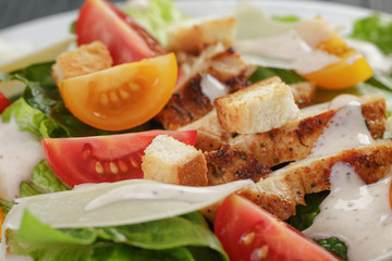 caesar salad with chicken closeup