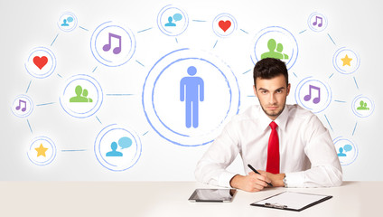 Business man with social media connection background