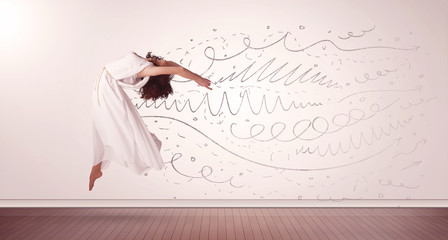 Pretty woman jumping with hand drawn lines and arrows come out