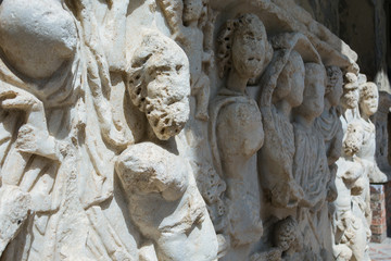 Close-up of a bas-relief on one of the sarcophaguses the Cathedral of St. Matthew, Salerno, Southern Italy.
