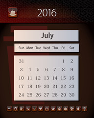 Template business calendar 2016 with design in tea, coffee and chocolate colors, July