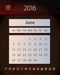 Template business calendar 2016 with design in tea, coffee and chocolate colors, June