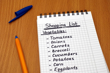 Shopping list of vegetables