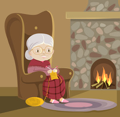 Grandmother knits. Vector flat cartoon illustration