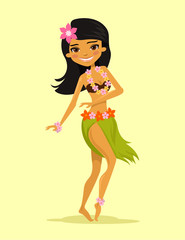 Hawaiian dancer girl. Vector flat cartoon illustration