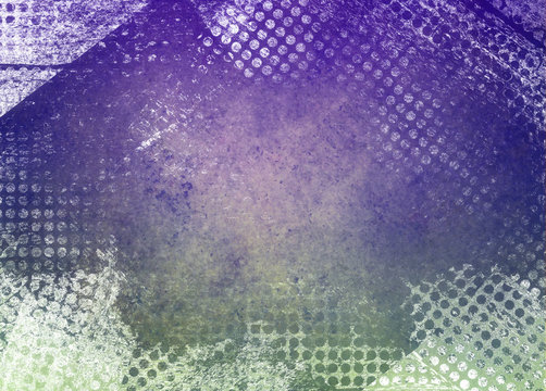 messy grunge green and purple background paper with textured abstract white grid pattern border in random layers