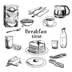 Vector breakfast hand drawn set. Vintage illustration.