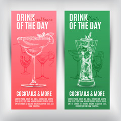 Vector banners set  with hand drawn cocktails. 