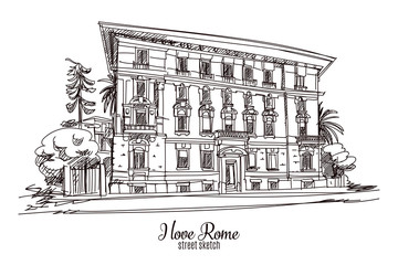 Hand drawn vector illustration. Rome. Street sketch. 