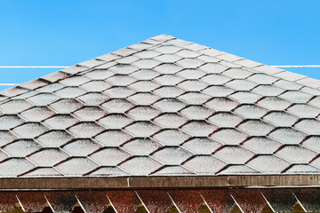 The roof is covered with frost. Frost texture