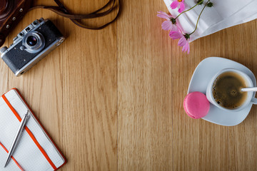 breakfast with open diary, background with place for an inscript