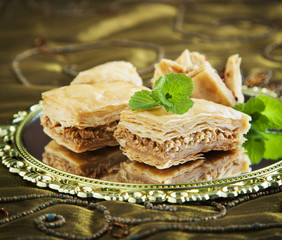 Baklava with honey and nuts. Traditional Turkish dessert.