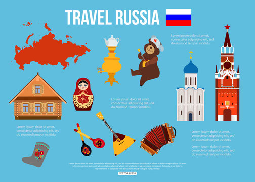 Russia travel background with place for text. Set of colorful