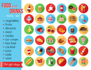 Set of colorful food and drinks icons. Flat style design