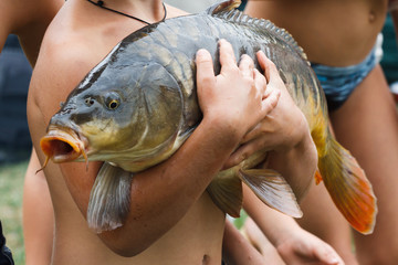 Children caught a huge carp fishing and keep it