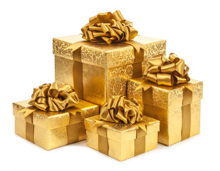 Gift boxes of gold color isolated on white background