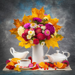 Autumn still life. Flower, fruit and vegetables.
