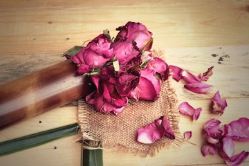 Pink roses and rose petals were sprinkled fallen.