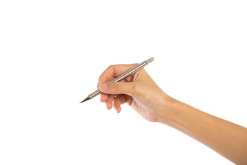 Pen in hand isolated on white background