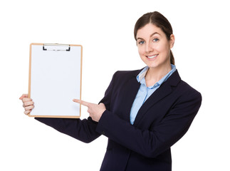 Businesswoman finger point to clipboard