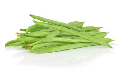 Pile of green french beans in isolated white background