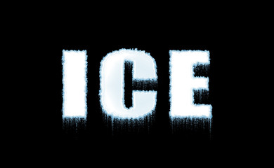 Word Ice on black background in cold, white icy letters. Illustration. Cold, frost.