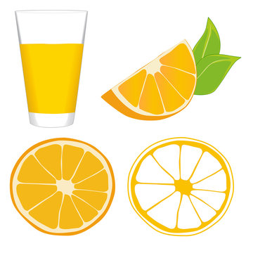 Glass of orange juice, slice of orange, wedge of orange