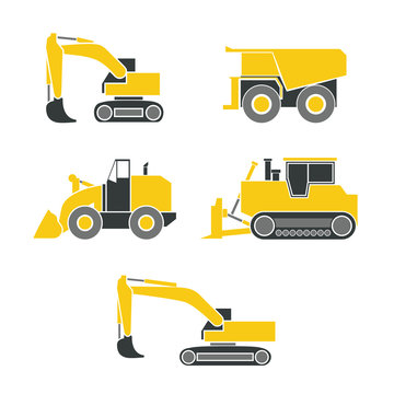 Tractor, excavator, bulldozer, crawler set , Wheeled and continuous track with blade and backhoe.