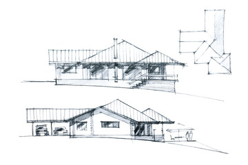 black and white hand drawing of a house facade and roof plan