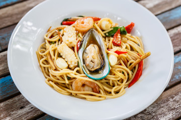 Spaghetti spicy seafood on plate