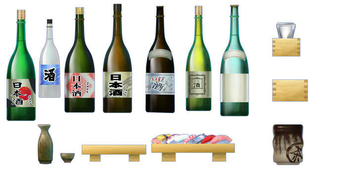 日本酒や一升瓶や湯呑み　日本料理・寿司店小物