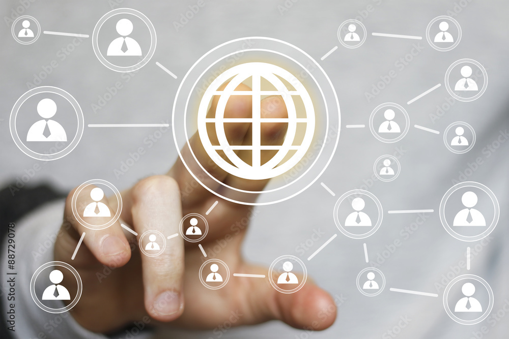 Poster businessman touch button web map communication