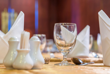 Elegance of glasses on table set up for dinning room.