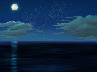 大海原イラスト　夜　満月