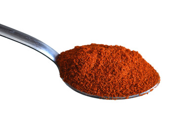 A spoon of grounded pepper isolated on white background
