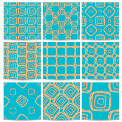A set of nine patterns of turquoise with orange squares in diffe