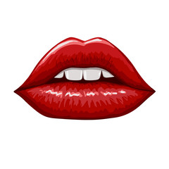 Red lips on white background. Hand drawn illustration.