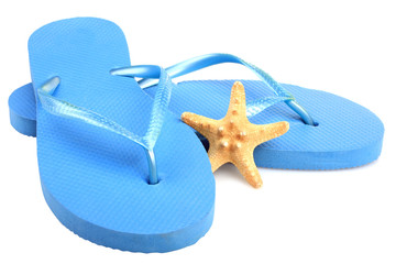 isolate, blue beach flip flops, starfish