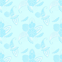 seamless pattern with paisley and flowers on cyan background