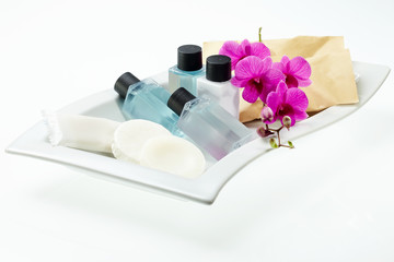 Spa treatment with orchid on white tray