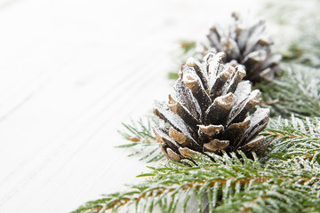 Christmas background with decoration with cones and twigs 