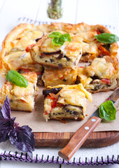 Eggplant, tomato and mozzarella tart,