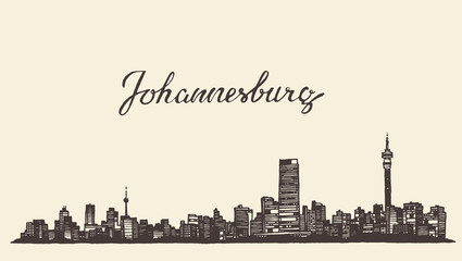Fototapeta na wymiar Johannesburg skyline vector engraved drawn sketch