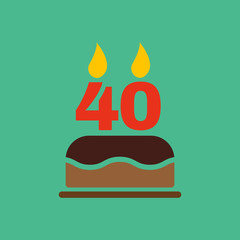 The birthday cake with candles in the form of number 40 icon. Birthday symbol. Flat