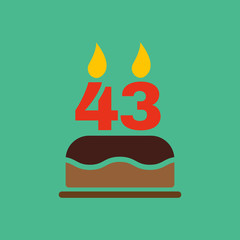 The birthday cake with candles in the form of number 43 icon. Birthday symbol. Flat